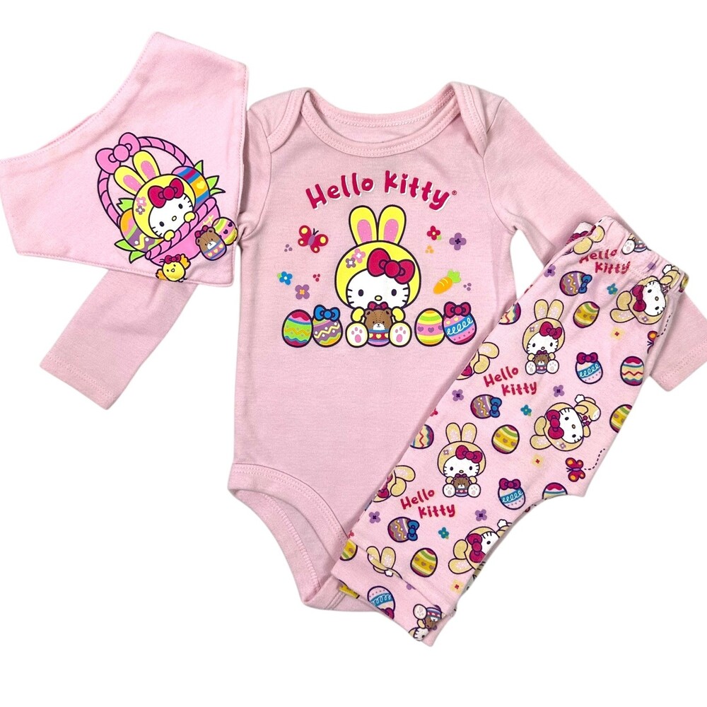 Hello Kitty Baby Girl 3 Piece Outfit Long Sleeve Bodysuit Pants Bib Pink Easter